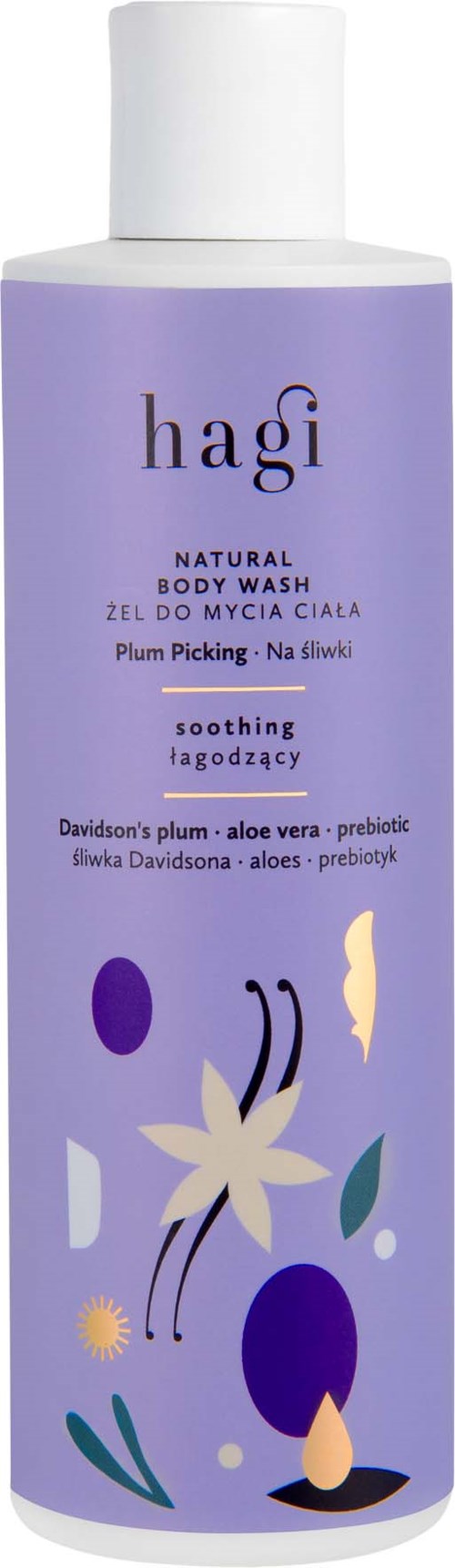 En lavendelfärgad flaska med Hagi kroppsvätt, med plommon och aloe vera, och vit lock. Minimalistisk design.