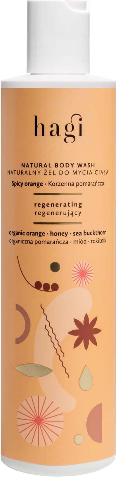 A bottle of body wash with orange and pink design, featuring natural ingredients like honey, sea buckthorn, and orange.
