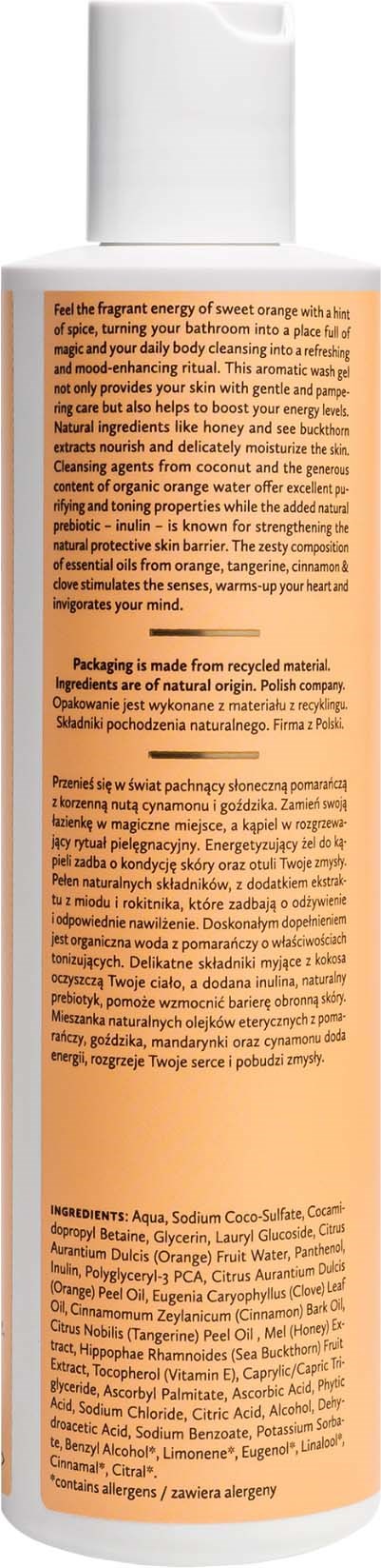 A tall white bottle with a label containing orange text about ingredients and packaging details.
