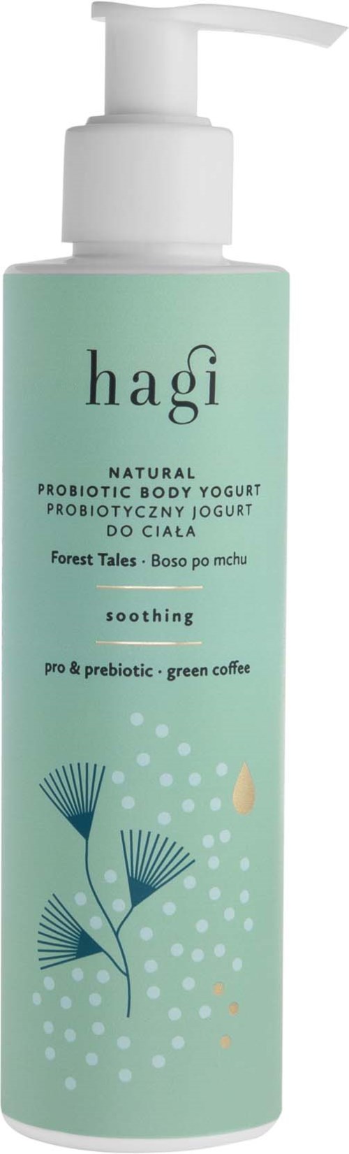 Een lichtgroene fles Hagi probiotische lichaam yoghurt met witte pomp, met eenvoudige plantillustraties en tekst.