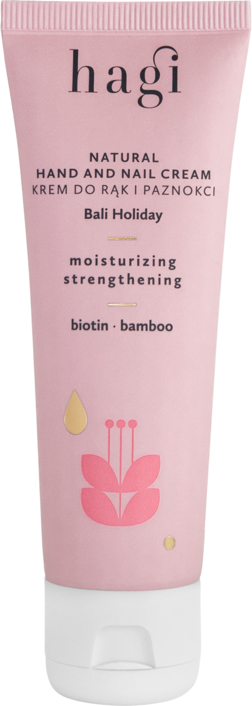 A pink tube labeled 'hagi' contains hand and nail cream with natural ingredients, featuring a flower and water drop illustration.