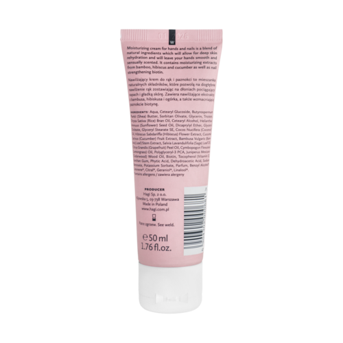 A pink tube of moisturizing hand cream with informational text and a barcode, containing 50ml.