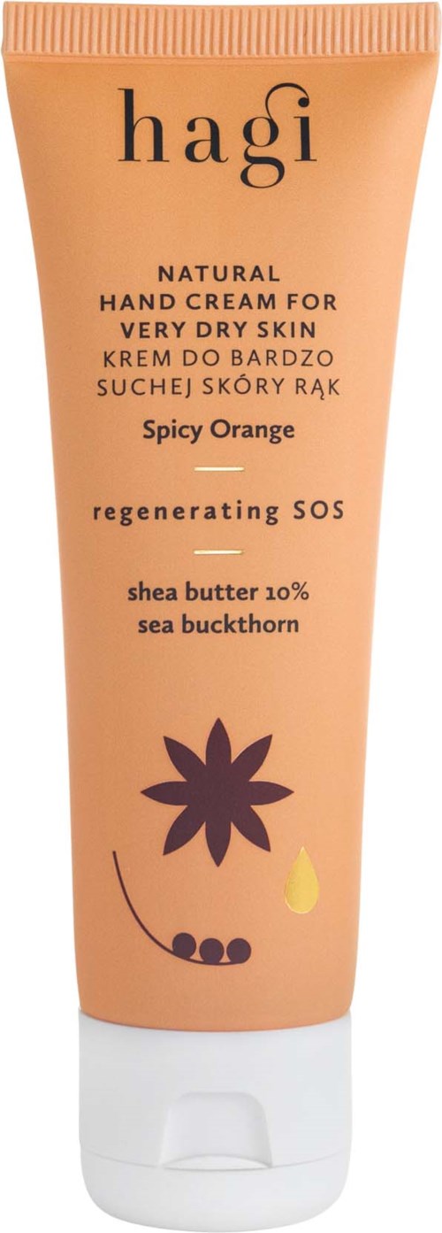 En ljus orange tub med Hagi handkräm, med blommor och dropp-design, för mycket torr hud med frisk orange doft.