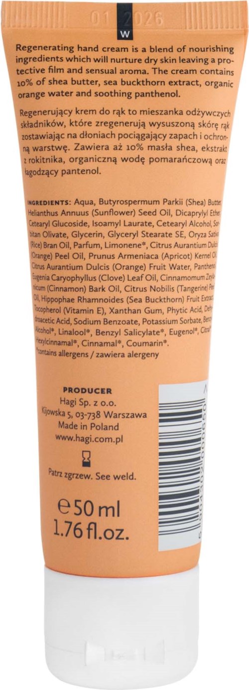 Ett rör med handkräm med ingredienser listade och volymen 50 ml eller 1,76 fl oz.