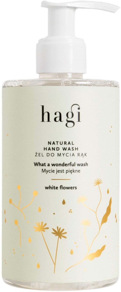 A clear hand wash bottle with a white pump, labeled 'hagi', features yellow floral illustrations and text.