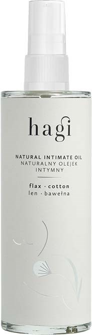 A clear bottle with a spray top contains Hagi natural intimate oil, labeled with ingredients like flax, cotton, and len.