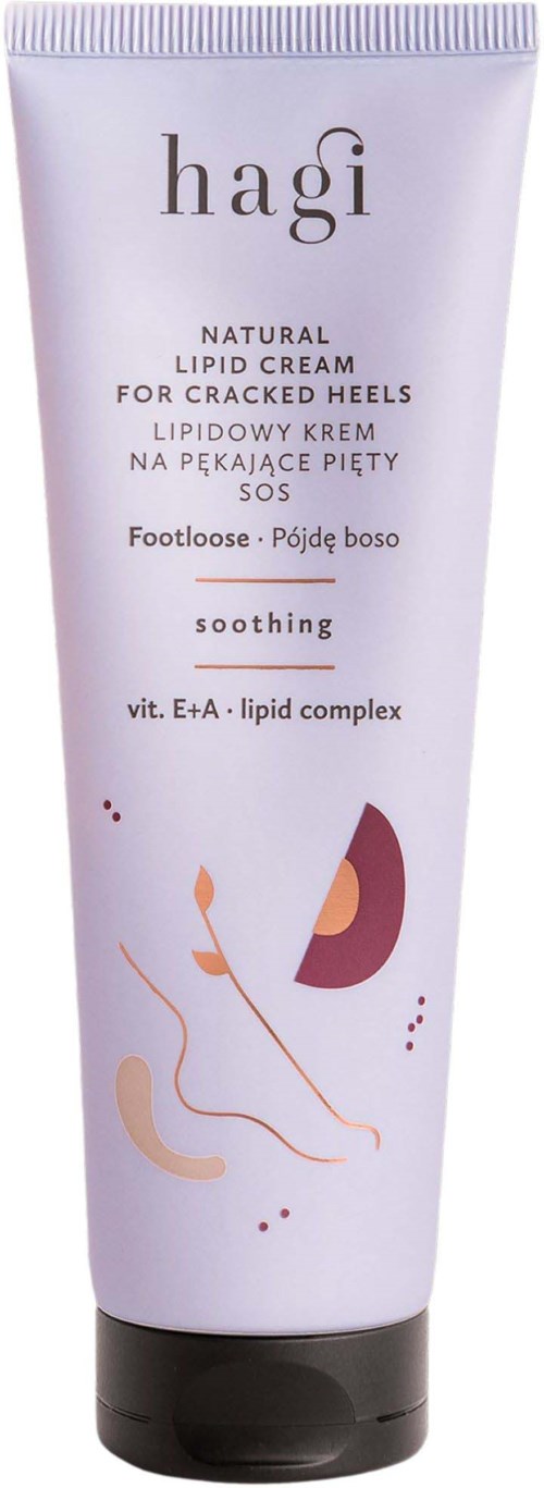 En hvit tube med svart lokk, merket Hagi naturlig lipidkrem for sprukne hæler, har et enkelt, minimalistisk design.