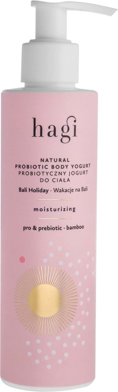 En rosa flaske med pumpe inneholder kroppsmassasje, merket "hagi" for probiotika og bambus.