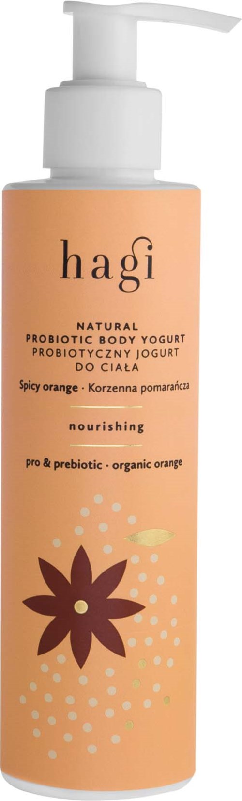 A peach-colored bottle with a pump, labeled 'hagi' for probiotic body yogurt with orange flavor.