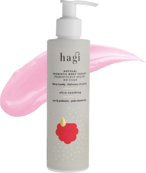 En hvit flaske med pumpe, merket 'hagi,' inneholder probiotisk kropps-yoghurt med rosa og gule detaljer.
