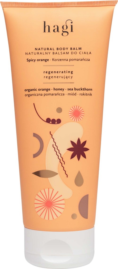 Orange-colored tube of body balm with abstract shapes and text about ingredients and benefits.