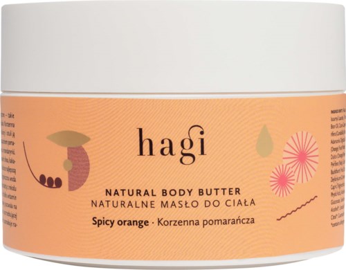 A jar of Hagi spicy orange natural body butter with a pink-orange label, abstract art, and product information.