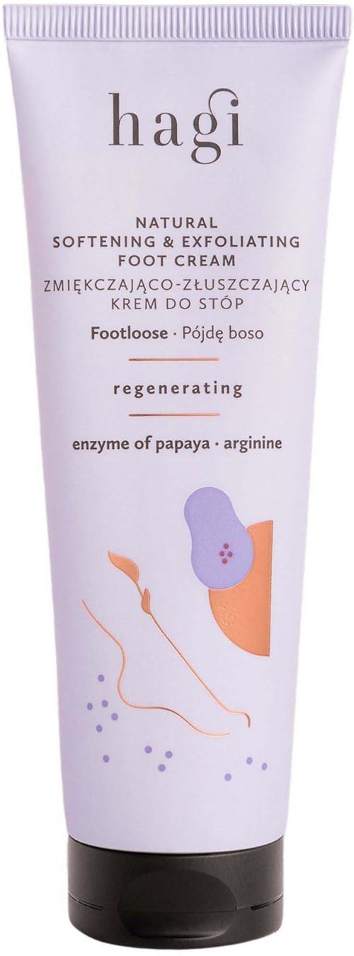 Hagi fotkrem merket som regenererende, med enzym fra papaya og arginin, i et hvitt rør med lilla og orange detaljer.