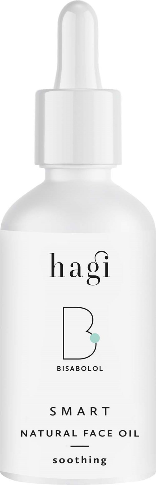 En vit flaska med droppkork märkt 'hagi' och 'BISABOL,' innehållande naturlig ansiktsolja för lugnande hud.