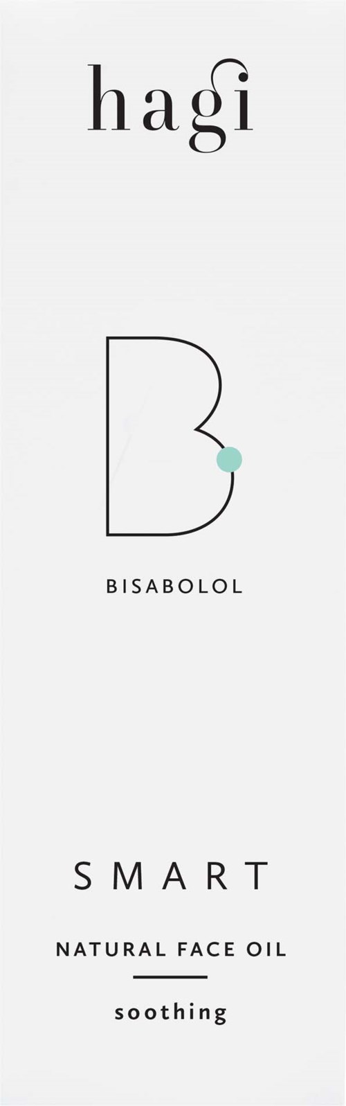 En minimalistisk produktetikett för Hagi Bisabolol naturlig ansiktsolja, som visar att det är en lugnande, smart produkt.