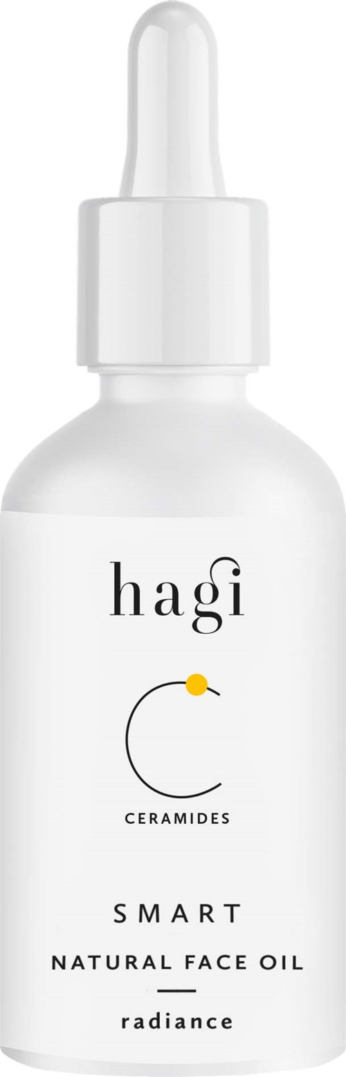 A white bottle with a dropper cap labeled 'Hagi Ceramides Smart Natural Face Oil Radiance'.