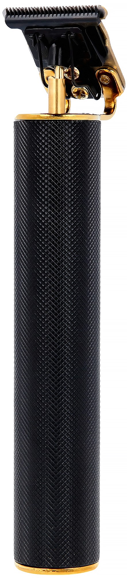 En svart och guld elektrisk hårklippare med ett texturerat handtag och en blades längst upp.