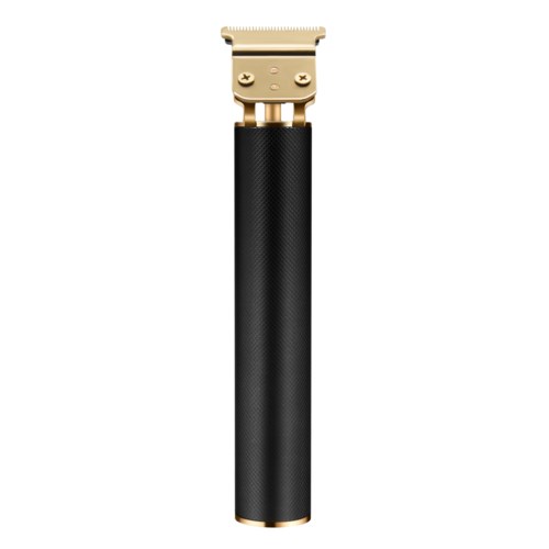 En svart och guld hårklippare med ett texturerat handtag och metallblad.”