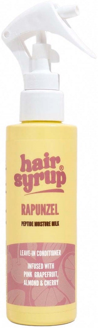 En gul flaske med sprayhode merket hair syrup, Rapunzel, fersken fuktighetsmelk, med rosa og lilla tekst.