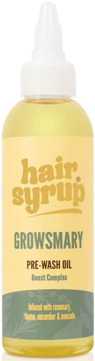 Een gele fles met een witte dop die 'hair syrup GROWSMARY Pre-Wash Oil' voor haarverzorging labelt.