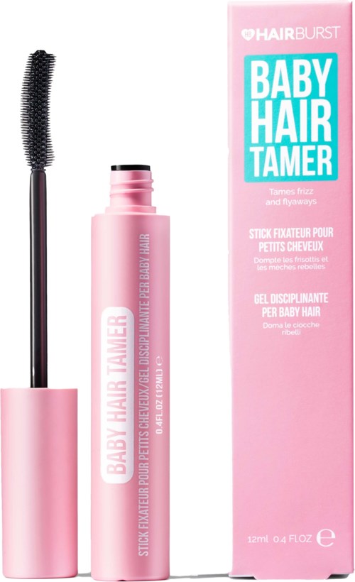 Roze flesje met Baby Hair Tamer met een zwarte borstel, en de doos.