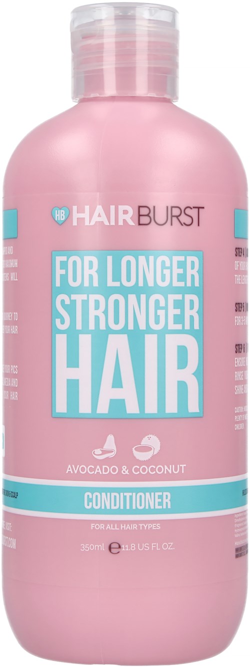Roze fles met 'Hair Burst' conditioner, blauw-witte tekst en afbeeldingen van avocado en kokosnoot.