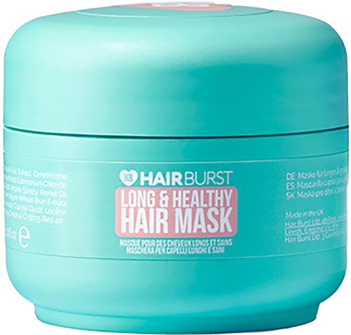 Een ronde turquoise container met haarmasker genaamd "Long & Healthy Hair Mask."