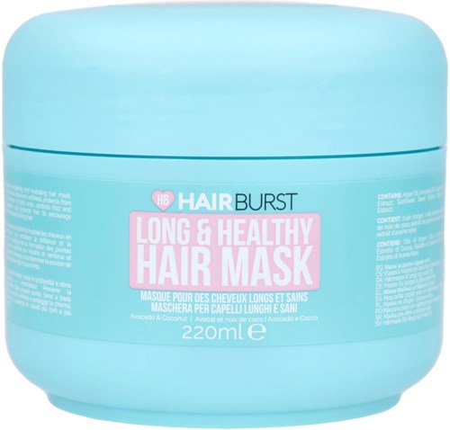 Blauwe container met lange en gezonde haarmasker met roze label, bevat 220ml. Met avocado en kokos.