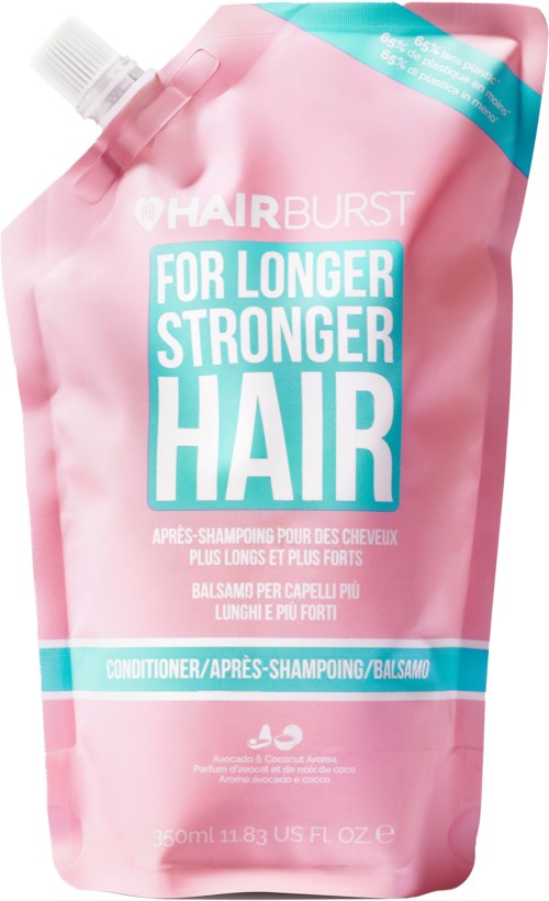 Roze haarverzorgingsverpakking met blauwe en witte tekst die langer, sterker haar bevordert.