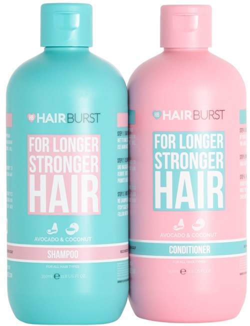 Twee flessen haarverzorgingsproducten: een shampoo in blauw, een conditioner in roze, beide met vergelijkbare etiketten en branding.
