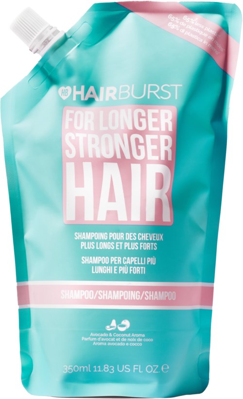 Een teal en roze haarshampoverpakking met tuit, gemarkeerd voor langer, sterker haar, bevat 350 ml.
