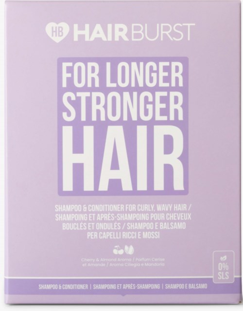 De doos heeft een paarse ontwerp met vetgedrukte tekst die langdurig, sterk haar promoot. Voor krullend, golvend haar shampoo en conditioner.