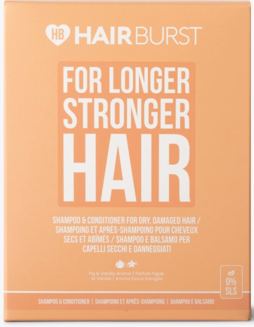 Een doos shampoo en conditioner voor droog, beschadigd haar met vet wit tekst en oranje achtergrond.