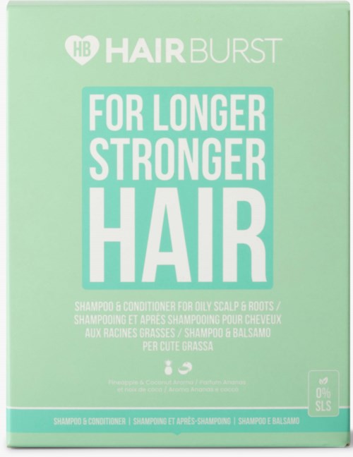Dit is een lichtgroon shampooverpakking voor langer, sterker haar. Voor hoofdhuid en haarwortels, met witte en lichtblauwe tekst.