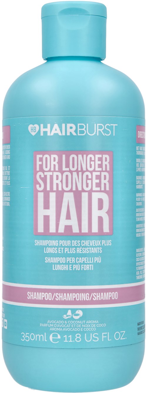 Blauwe fles van Hair Burst shampoo met roze en witte tekst die belooft langer, sterker haar. 350 ml.