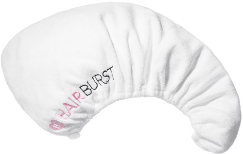 Een wit hoofdband met de tekst "HAIR BURST" in zwart en roze, gemaakt van zacht stof.