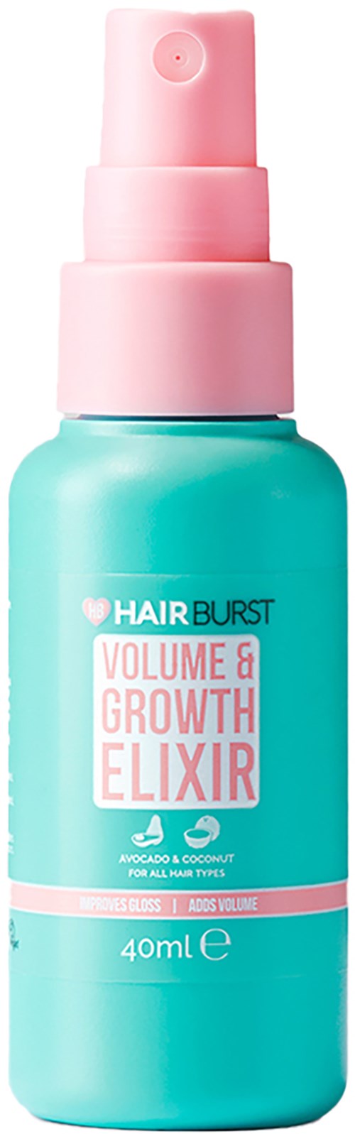 Een blauw sprayflesje met roze dop, gelabeld 'Hair Burst Volume & Growth Elixir', bevat 40 ml haarproduct.