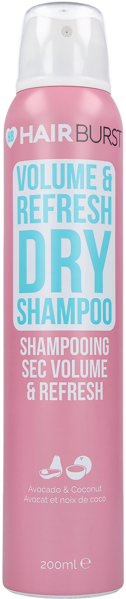 Roze spuitbus met blauwe en witte tekst, gemarkeerd als droogshampoo voor volume en verfrissing, met avocado- en kokosiconen.