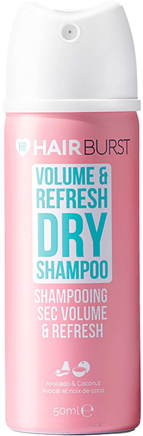 Een roze fles droogshampoo met een wit deksel, gelabeld 'Hair Burst Volum & Refresh Dry Shampoo,' 50ml.
