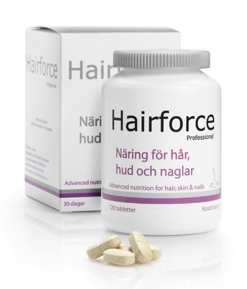 En vit flaska och box märkt Hairforce, med piller framför, som främjar hår, hud och naglar hälsa.