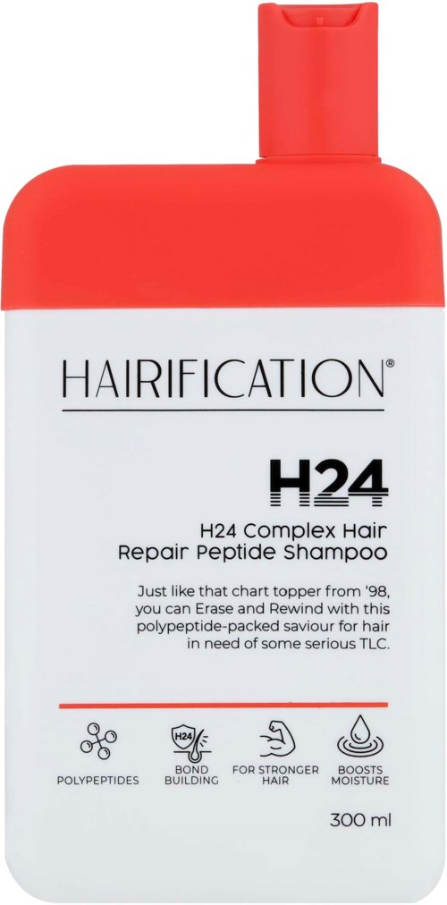 Valkoinen ja punainen pullo, jossa lukee H24 monimutkainen hiusten korja shampoo ja kuvakkeet peptideistä ja kosteudesta.