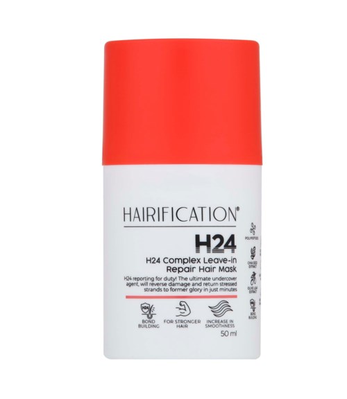 Valkoinen pullo punaisella korkilla, sisältää 50 ml hoitavaa hoitotahnaa, nimeltä Hairification H24.