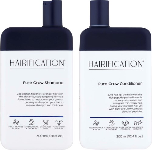 Kaksi hiustenhoitopulloa nimeltä Hairification kasvattamiseen ja vahvistamiseen. Ne sisältävät shampoon ja hoitoaineen, kumpikin 300 ml.