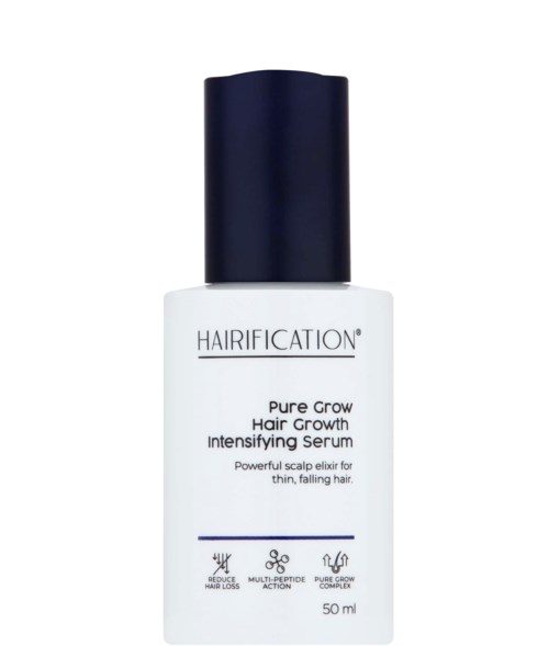 A white bottle with a navy cap that says HAIRIFICATION and describes its hair growth serum for thin hair.