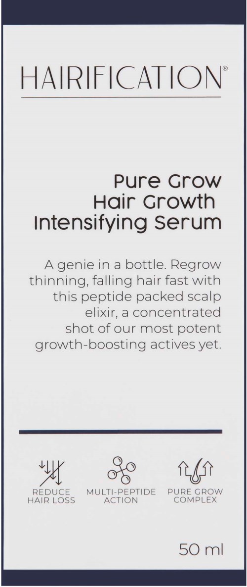 Text-based logo and description of hair growth serum that claims to slow hair loss and promote new growth.