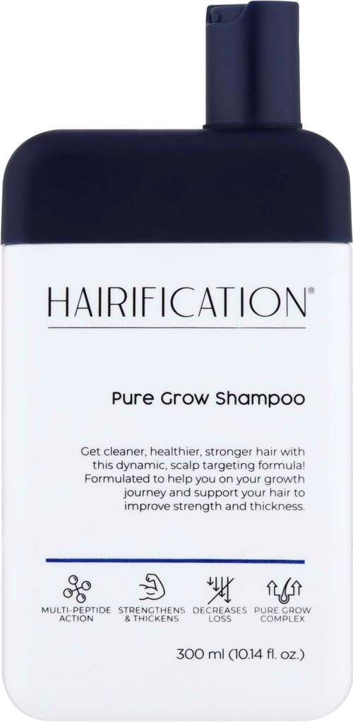 Valkoinen ja sininen shampoopullo, jossa lukee Hairification ja etiketti Pure Grow Shampoo.