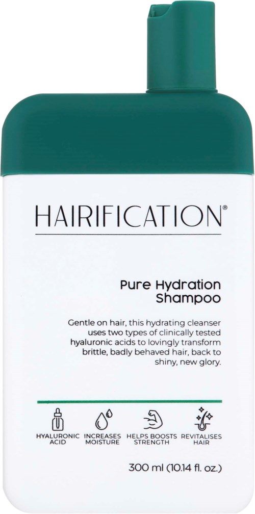 Vihreä ja valkoinen pullo märkitty Hairification Pure Hydration Shampoo, ikona hyaluronihappo ja hiusten hyödyt.