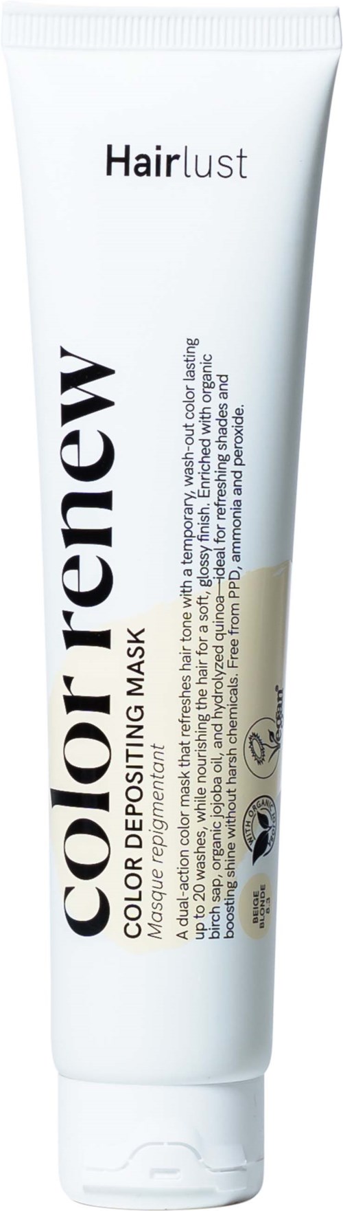 En hvit tube med hårmaske med svart og beige tekst som viser produktnavn og beskrivelse.