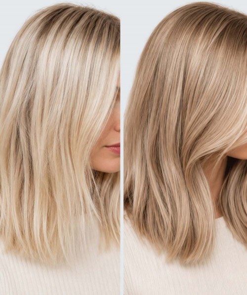 Bilder som viser en kvinnes blonde hår før og etter styling eller farging.