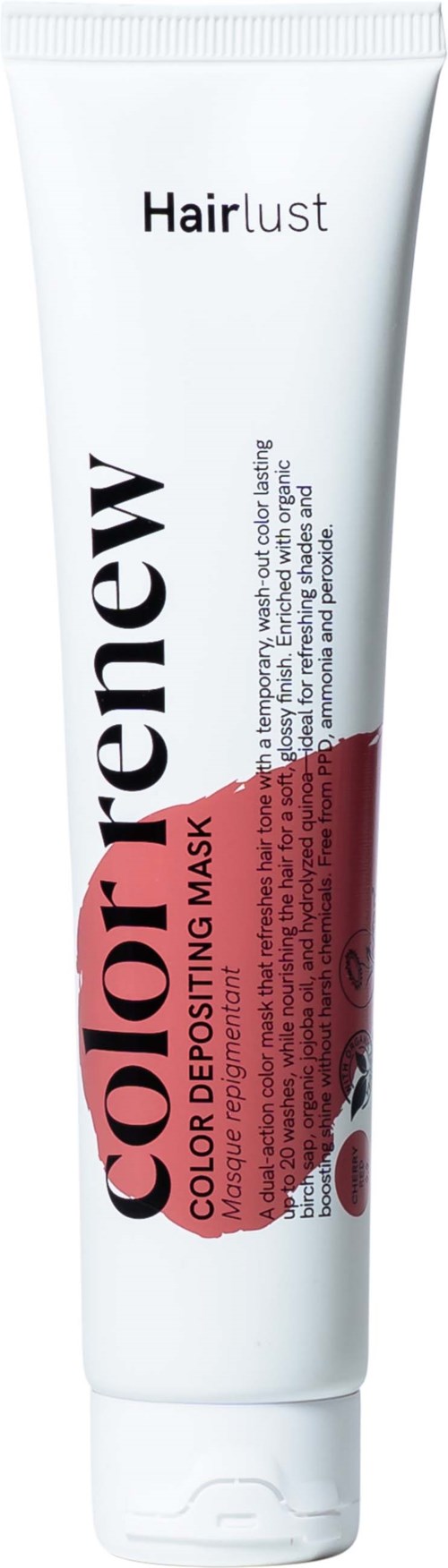 En hvit tube med hårfarge fra Hairlust med svart og rosa tekst, viser produktnavnet og emballasjen.